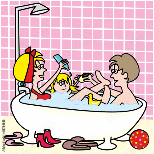 bathroom, family bath in the tub, funny picture, vector illustration