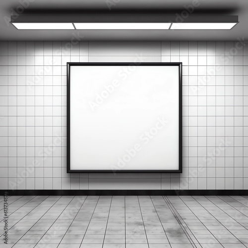 Blank white digital billboard black frame light box in subway station, empty poster advertisement on tile wall background for mockup, design, display, marketing