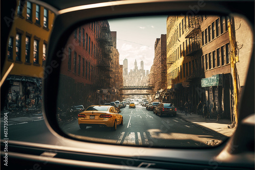 View of the Brooklyn, New York City through the glass of the car. Generative AI	 photo