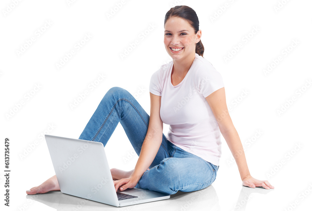 Laptop, portrait and woman typing on internet, website or web search for ecommerce or e commerce on transparent, isolated or png background. Online shopping, girl and customer on computer for retail Laptop, portrait and woman typing on internet, website or web search for ecommerce or e commerce on transparent, isolated or png background. Online shopping, girl and customer on computer for retail