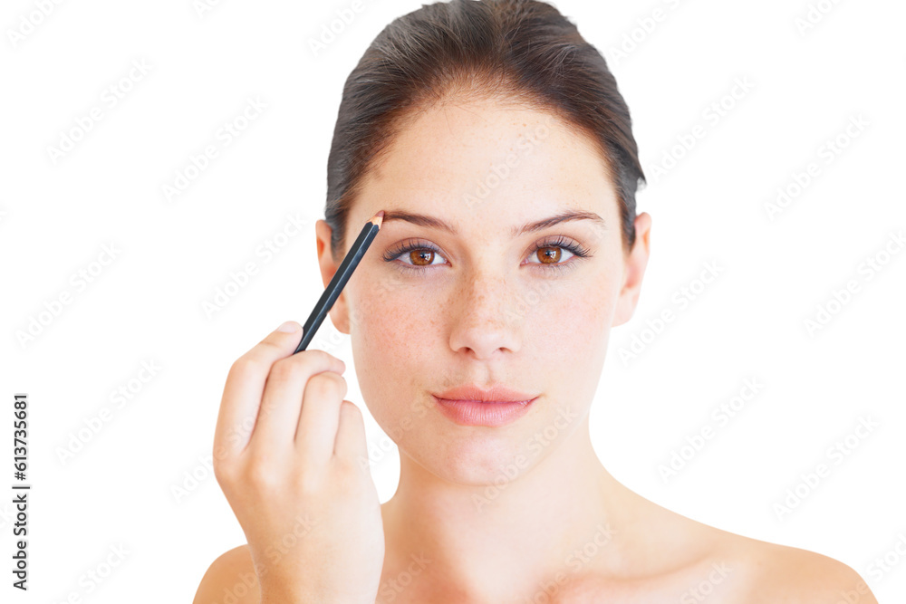 Face, makeup and woman with pencil for eyebrow isolated on a transparent png background. Portrait, microblading cosmetics and young female model with beauty product, brow liner and facial aesthetic. Face, makeup and woman with pencil for eyebrow isolated on a transparent png background. Portrait, microblading cosmetics and young female model with beauty product, brow liner and facial aesthetic.