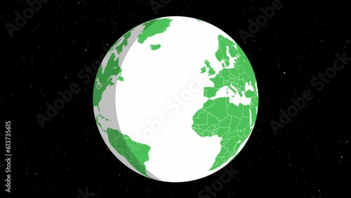 自転する地球です。背景は星空です。国境線あり