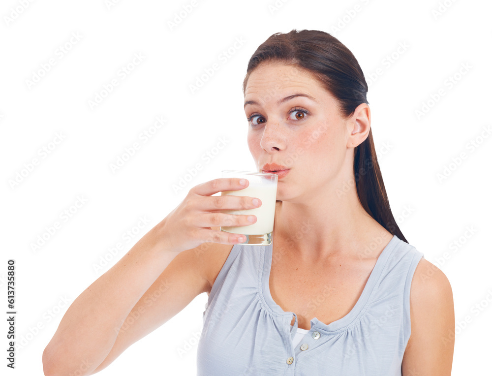 Portrait, woman and drink glass of milk for healthcare benefits, bone wellness, protein and nutrition. Calcium, dairy product and nutritionist face or person isolated on transparent png background Portrait, woman and drink glass of milk for healthcare benefits, bone wellness, protein and nutrition. Calcium, dairy product and nutritionist face or person isolated on transparent png background