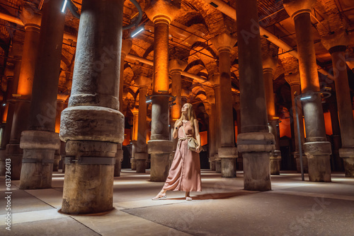 Bild auf Leinwand Woman tourist enjoying Beautiful cistern in Istanbul