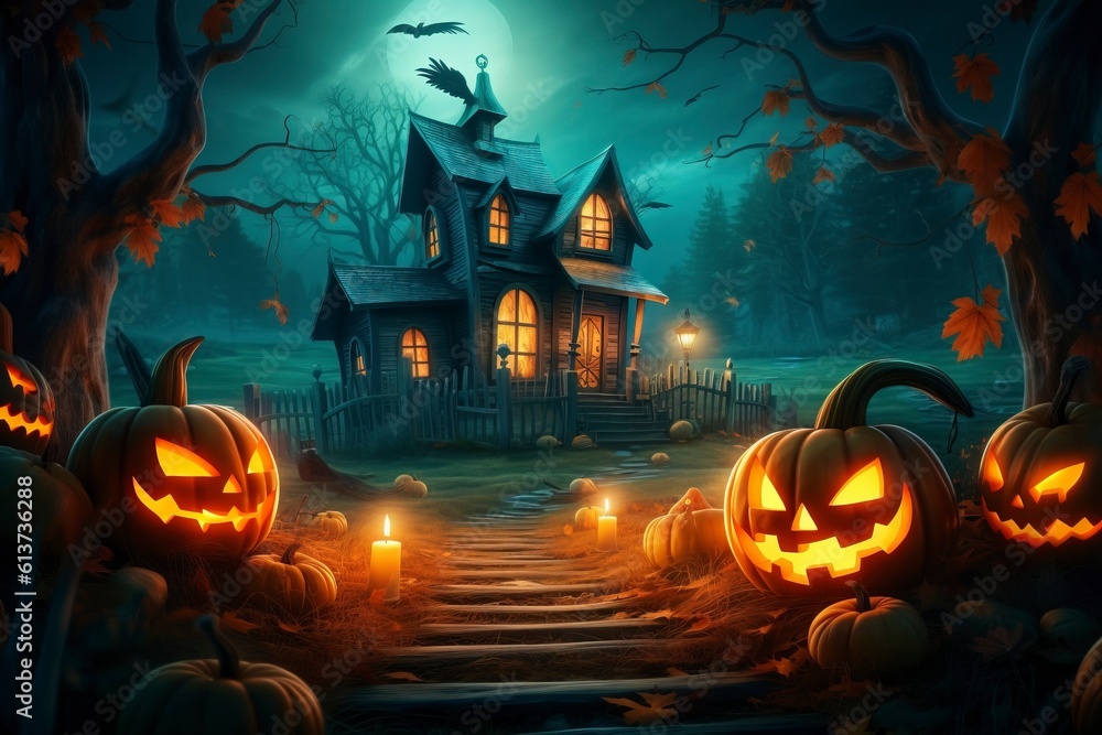 Halloween background with scary pumpkins candles in the graveyard at night with a castle background Halloween background with scary pumpkins candles in the graveyard at night with a castle background