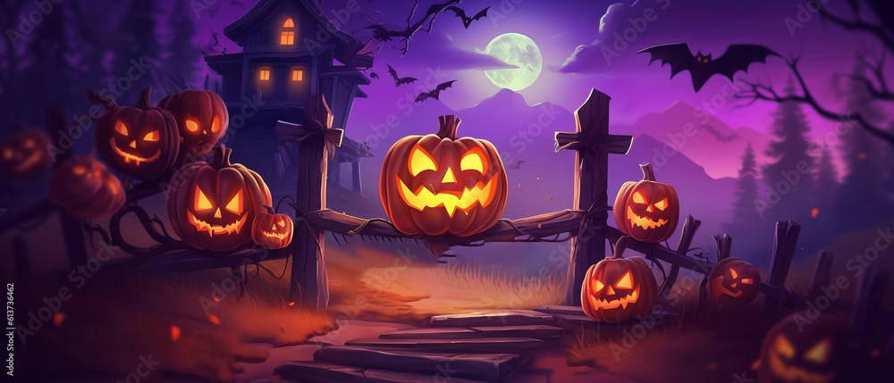 Halloween background with scary pumpkins candles in the graveyard at night with a castle background - obrazy, fototapety, plakaty 