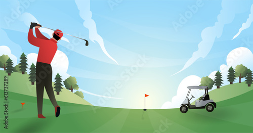 Golf sport vector illustration website concept, golf field website banner background, a man playing golf in the golf course with beautiful view, summer sunset view background header © lala Firdaa