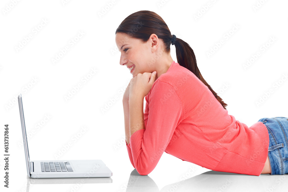 Laptop, smile and research with a woman student lying on the floor isolated on a transparent background. Computer, internet and education with a happy young female university pupil studying on PNG Laptop, smile and research with a woman student lying on the floor isolated on a transparent background. Computer, internet and education with a happy young female university pupil studying on PNG