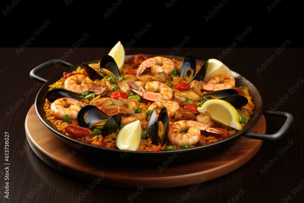 Traditional spanish seafood paella in pan. Generative AI.