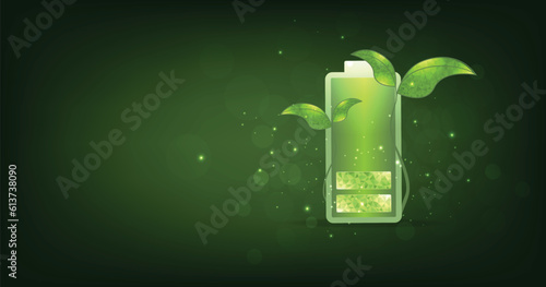 Green battery with leaves. Eco Green Energy Sign. Efficiency Recycle Electric Power Symbol. Futuristic battery charging power source concept. 3D illustration.