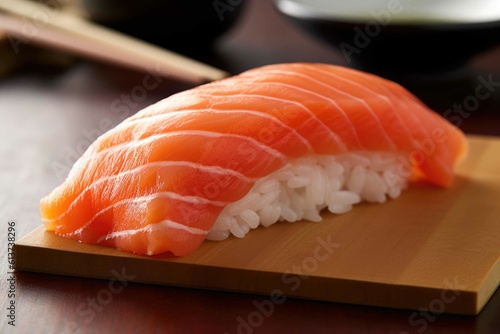 Nigiri salmon, sake. Traditional Japanese cuisine. Generative AI.