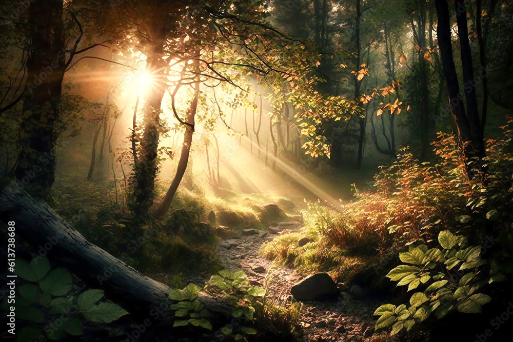 Obraz premium Morning light in the forest. Sunbeams flowing through foliage trees on forest clearing. Forest light. Generative AI