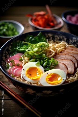 Japanese ramen noodles soup with pork, egg, scallion and seaweed. Generative AI.