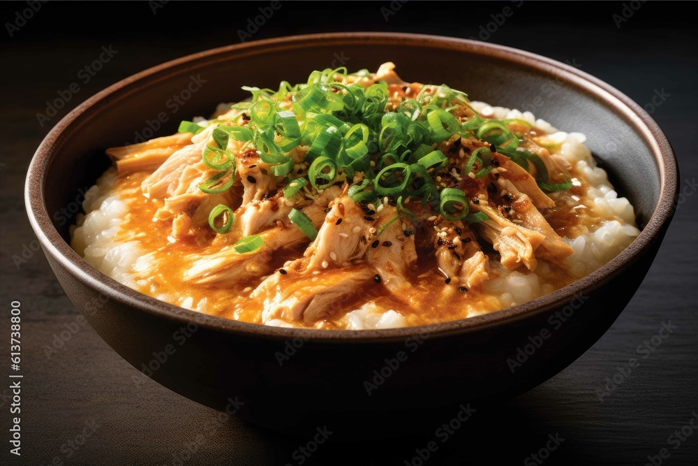 Oyakodon, bowl of rice topped with chicken and egg. Generative AI. Oyakodon, bowl of rice topped with chicken and egg. Generative AI.