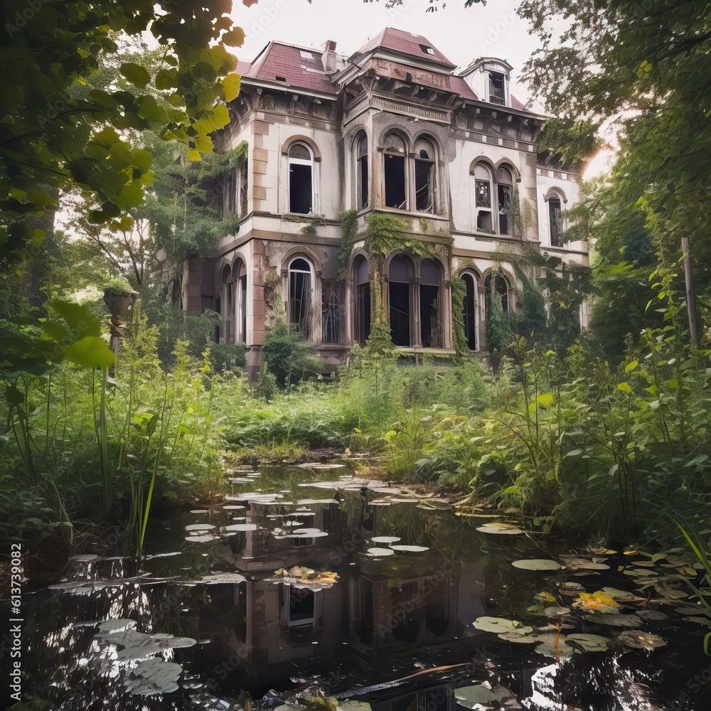 An old, abandoned Victorian mansion with broken windows and overgrown vegetation, standing as a testament to a forgotten era. Generative AI An old, abandoned Victorian mansion with broken windows and overgrown vegetation, standing as a testament to a forgotten era. Generative AI