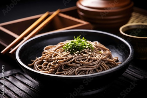 Zaru soba buckwheat noodles with dipping sauce. Generative AI.