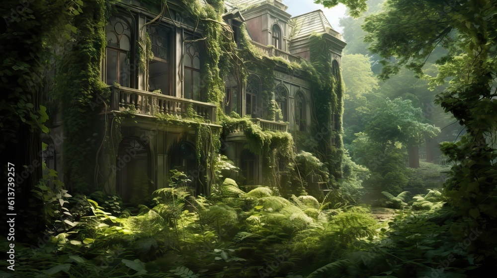 An old, abandoned Victorian mansion with broken windows and overgrown vegetation, standing as a testament to a forgotten era. Generative AI