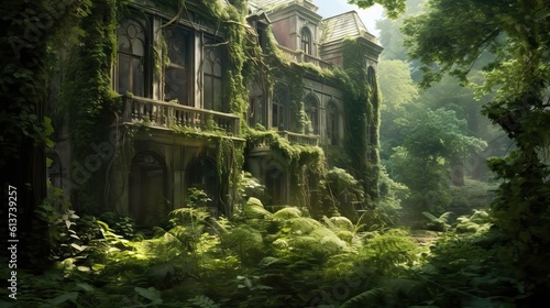 An old, abandoned Victorian mansion with broken windows and overgrown vegetation, standing as a testament to a forgotten era. Generative AI