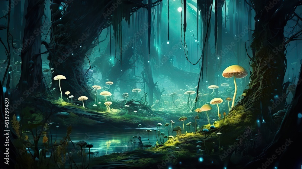 An enchanted forest glowing with bioluminescent plants and creatures ...