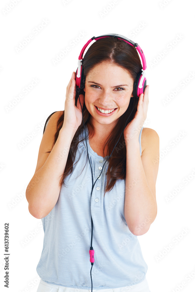 Portrait, smile and woman with headphones, streaming audio and girl isolated on a transparent background. Face, female person or model with a headset, listening to a podcast or png with radio or song Portrait, smile and woman with headphones, streaming audio and girl isolated on a transparent background. Face, female person or model with a headset, listening to a podcast or png with radio or song