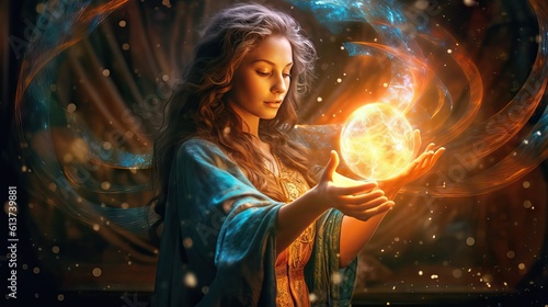 A mystical sorceress casting a spell, with vibrant magical energy swirling from her hands. This image is a glimpse into a magical reality that lies beyond the ordinary. Generative AI