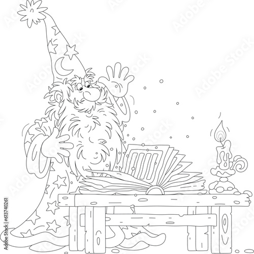 Magician astrologer saying spells from his old magic book by candlelight on a mysterious night, black and white outline vector cartoon illustration for a coloring book page