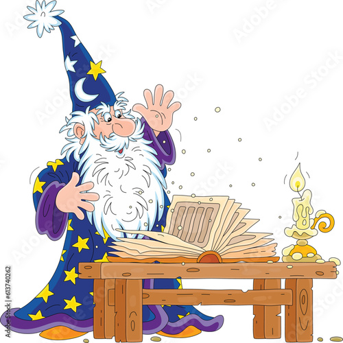 Magician astrologer saying spells from his old magic book by candlelight on a dark mysterious night, vector cartoon illustration isolated on a white background