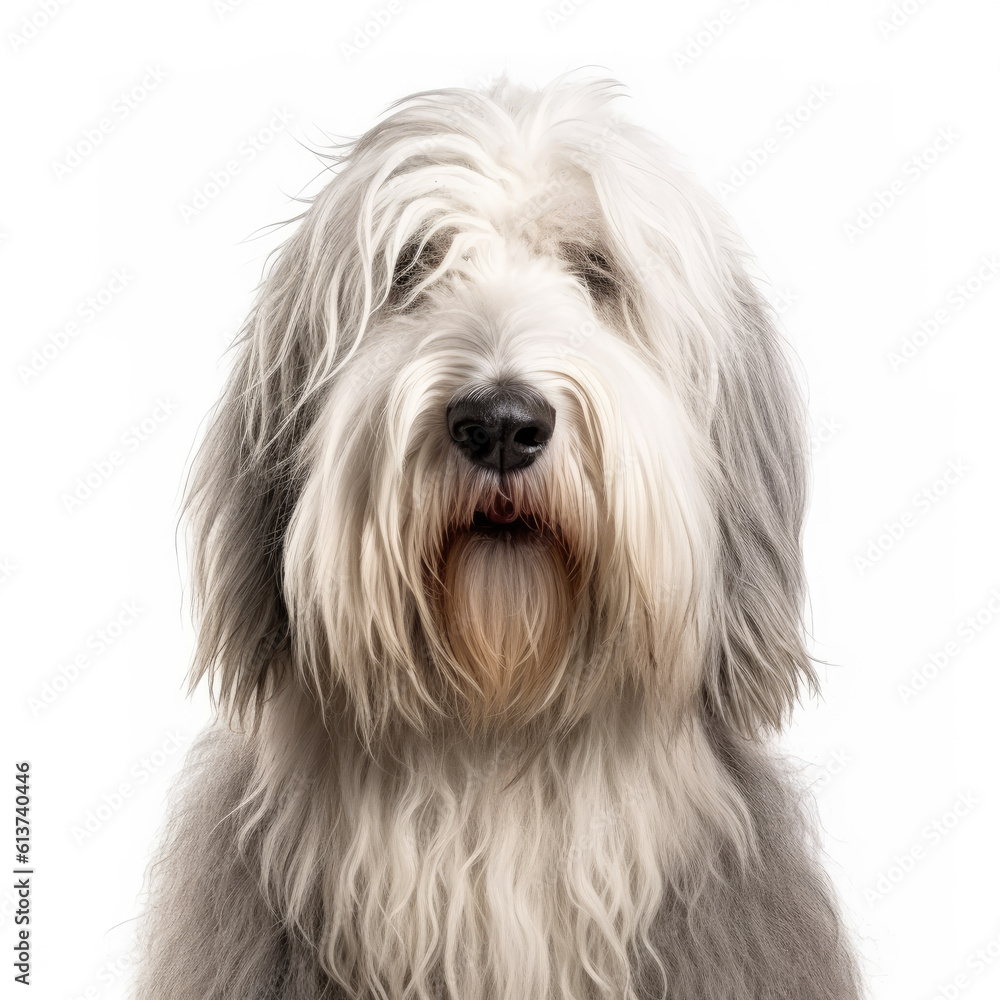 Bearded collie , (Old english sheepdog)portrait, in front of a white background, ai generative