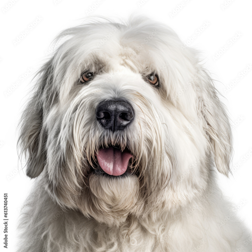 Portrait of a Bearded collie , (Old english sheepdog), in front of a white background, ai generative
