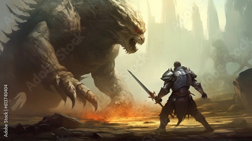 A knight in shining armor facing off against a terrifying beast on a battlefield. The scene suggests an epic battle from a fantasy realm. Generative AI. © Sebastián Hernández