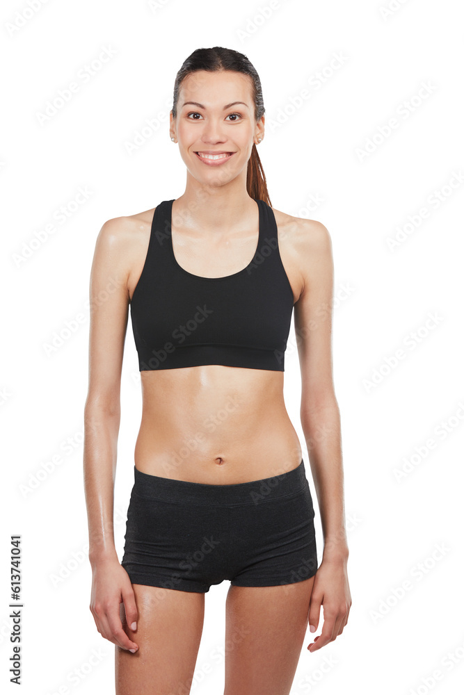 Portrait, fitness and body with a sports woman isolated on transparent background for health or wellness. Exercise, training or workout with a happy young female athlete on PNG for diet or nutrition Portrait, fitness and body with a sports woman isolated on transparent background for health or wellness. Exercise, training or workout with a happy young female athlete on PNG for diet or nutrition