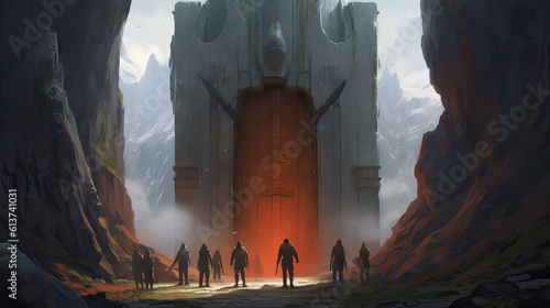 A group of adventurers standing before a massive, mysterious door carved into the side of a mountain. This scene invokes a sense of anticipation and challenge. Generative AI © Sebastián Hernández