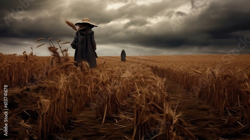 A desolate landscape under a dark, stormy sky with a scarecrow in the foreground. The scene exudes a feeling of solitude and eeriness. Generative AI