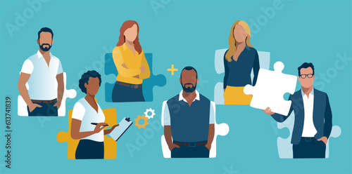 People at a puzzle elements. The concept of teamwork, solving problem, human resources. Vector illustration. 