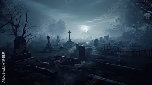 A desolate, foggy graveyard under a full moon, setting a somber and mysterious mood. Generative AI