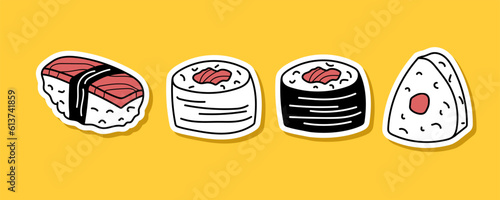Traditional Japan food. Fresh sushi set isolated. Asian Sushi onigiri and rolls in sketch style. Vector illustration with colored spots for menu, recipe, cafe, restaurant. Sushi collection.