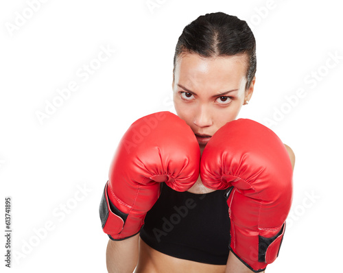 Serious woman, portrait and boxer in defense martial arts for fight isolated on a transparent PNG background. Female person or fighter with boxing gloves in fitness training, practice or competition