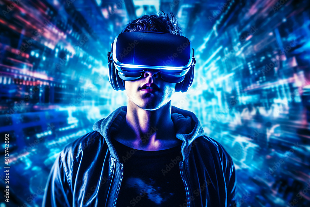 man wearing a virtual reality headset. Generative AI man wearing a virtual reality headset. Generative AI