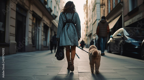beautiful woman, is walking with dog in a city, from behind