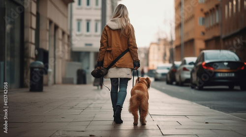 beautiful woman, is walking with dog in a city, from behind