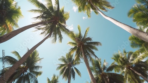 Exotic tropical palm trees at summer, view from bottom up to the sky at sunny day. 