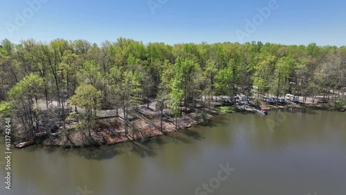 Aerial Chancellorsville Virginia lake campground fast. Rural community Spotsylvania County, Virginia, near Fredericksburg. American Civil War battleground. Summer recreation cabins and boats. photo