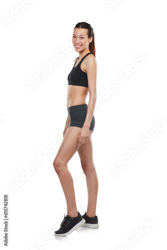 Portrait, fitness and workout with a sports woman isolated on transparent background for health or wellness. Exercise, training or body with a happy young female athlete on PNG for diet or nutrition