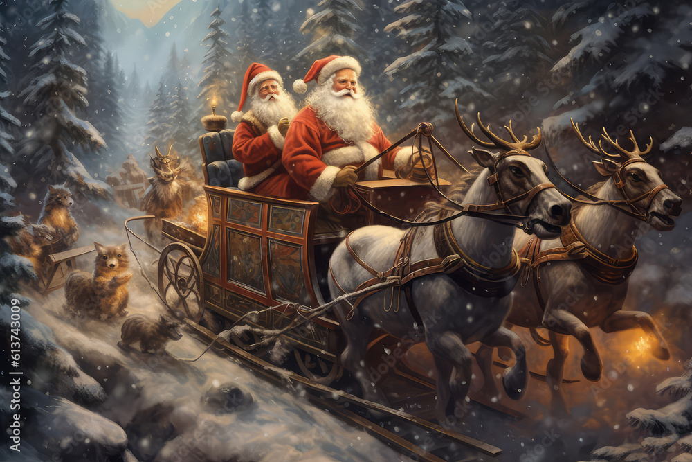 Fototapeta premium Santa Claus in a sleigh in the snow street (ai generated)