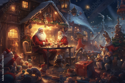 digital painting of santa; clauses and merry christmas party, illustration painting (ai generated)