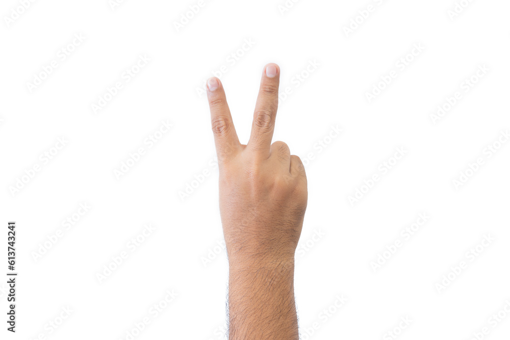 Close-up man's back of hand. Open outstretched hand, showing two fingers means number two, extended in greeting copy space isolated on white background. Space for text. Close-up man's back of hand. Open outstretched hand, showing two fingers means number two, extended in greeting copy space isolated on white background. Space for text.