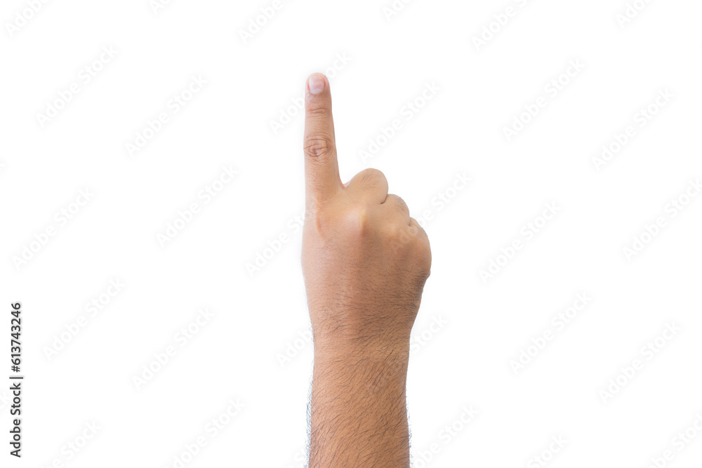 Close-up man's back of hand. Open outstretched hand, showing one fingers means number one, extended in greeting copy space isolated on white background. Space for text. Close-up man's back of hand. Open outstretched hand, showing one fingers means number one, extended in greeting copy space isolated on white background. Space for text.
