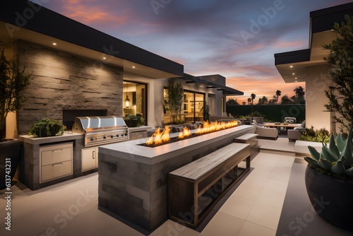 Beautiful custom outdoor kitchen & living area design of high-end luxury style custom homes.