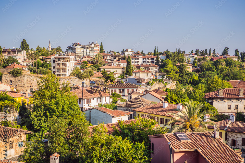 Old town Kaleici in Antalya. Panoramic view of Antalya Old Town port, Taurus mountains and Mediterrranean Sea, Turkey