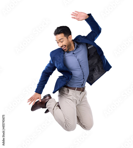Photos Energy, success and a business man jumping isolated on a transparent background in celebration of achievement